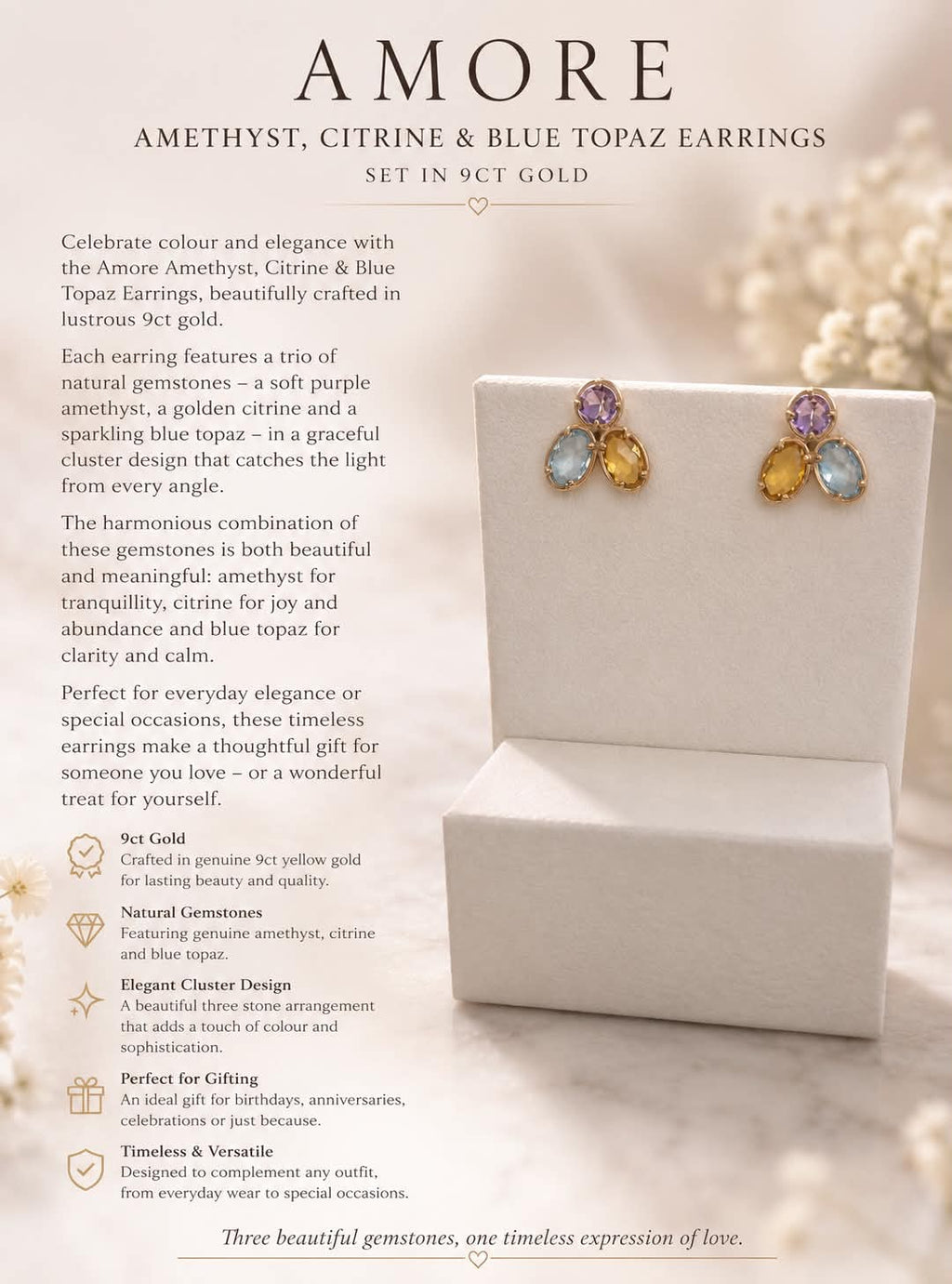 Amore Amethyst, Citrine & Blue Topaz Earrings – 9ct Gold