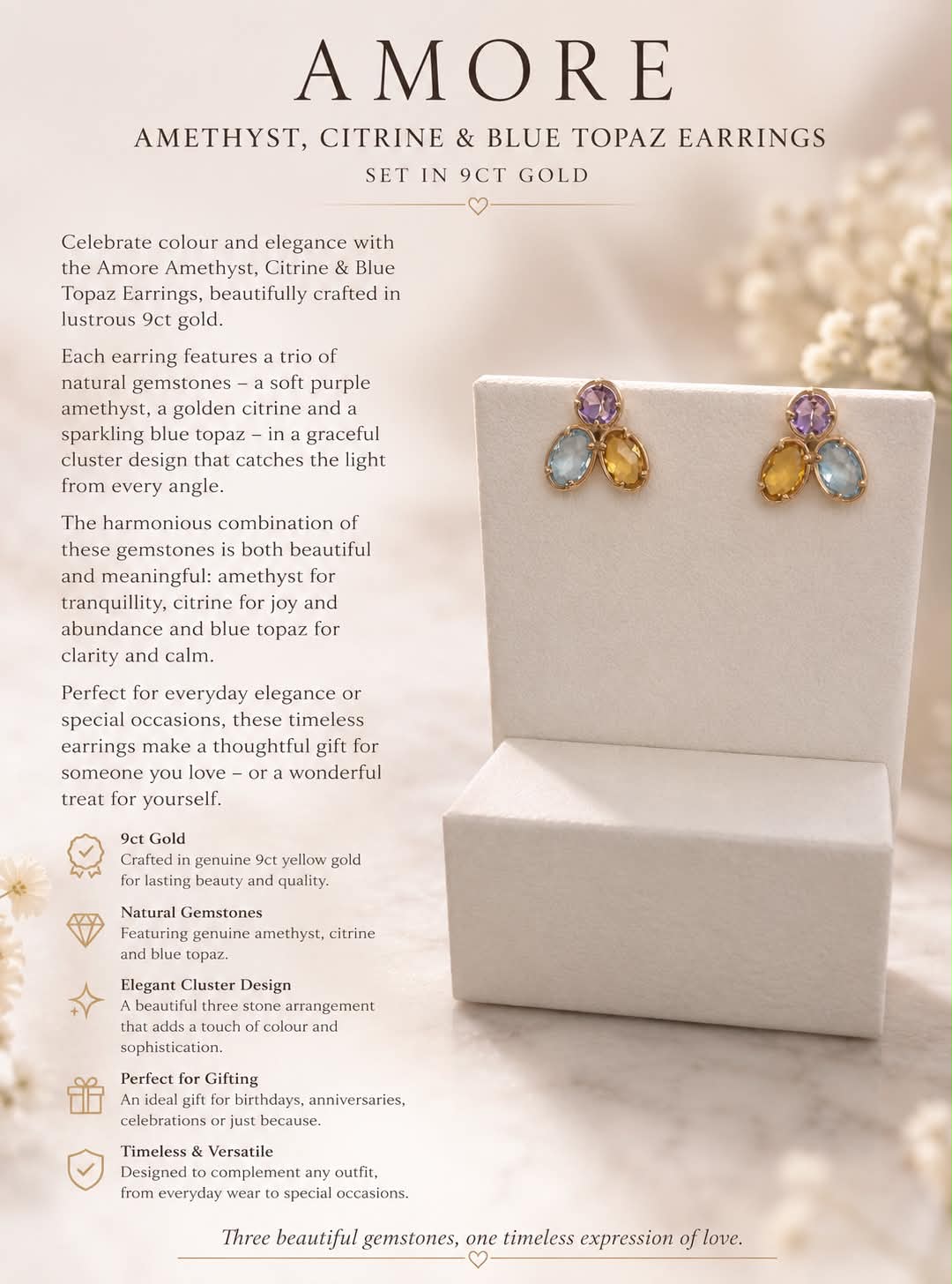 Amore Amethyst, Citrine & Blue Topaz Earrings – 9ct Gold