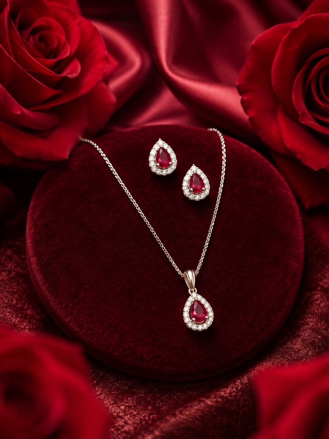 Amore Ruby & Diamond White Gold Necklace and Earrings Set
