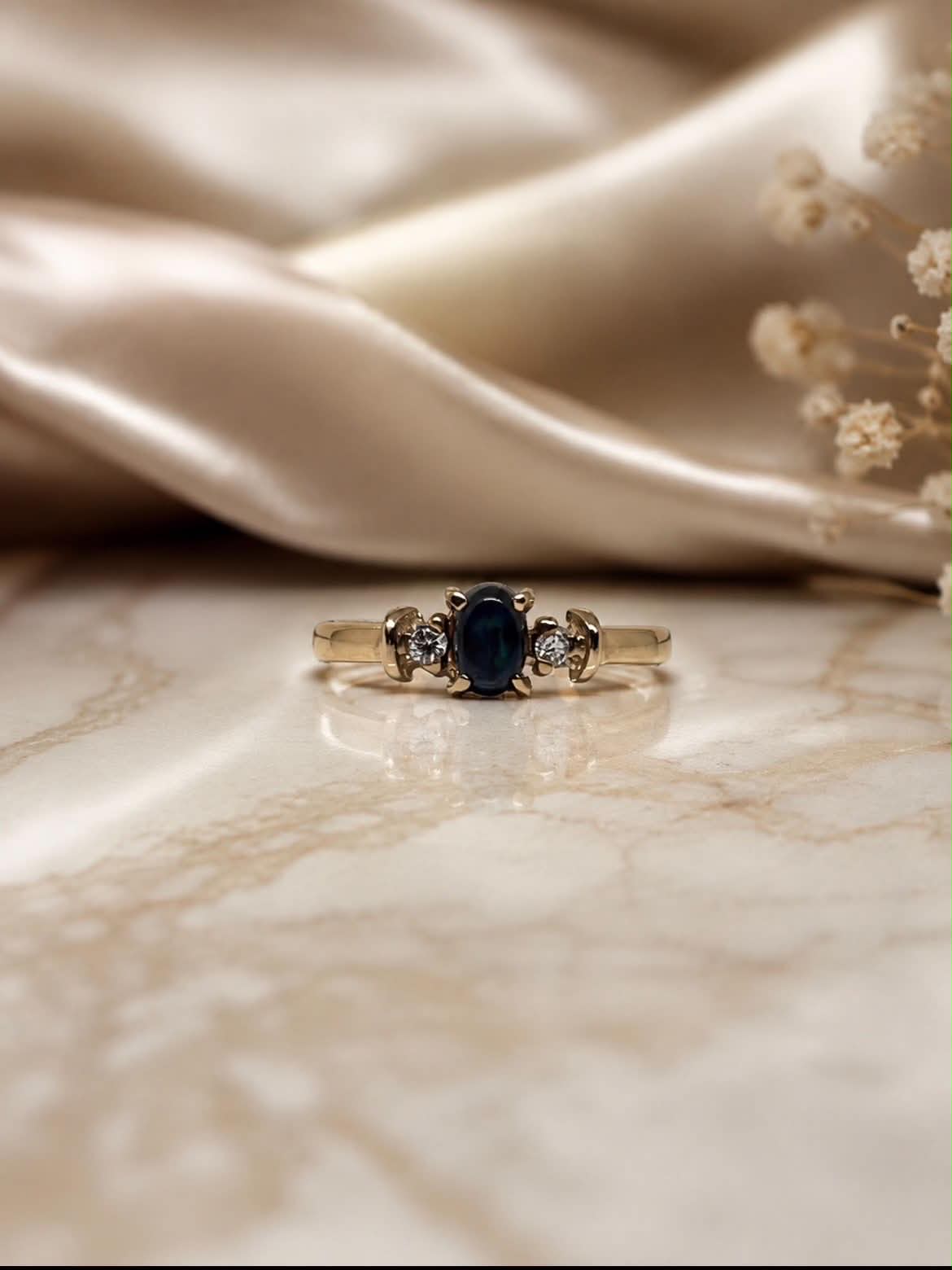 18ct Yellow Gold Australian Black Opal & Diamond Ring