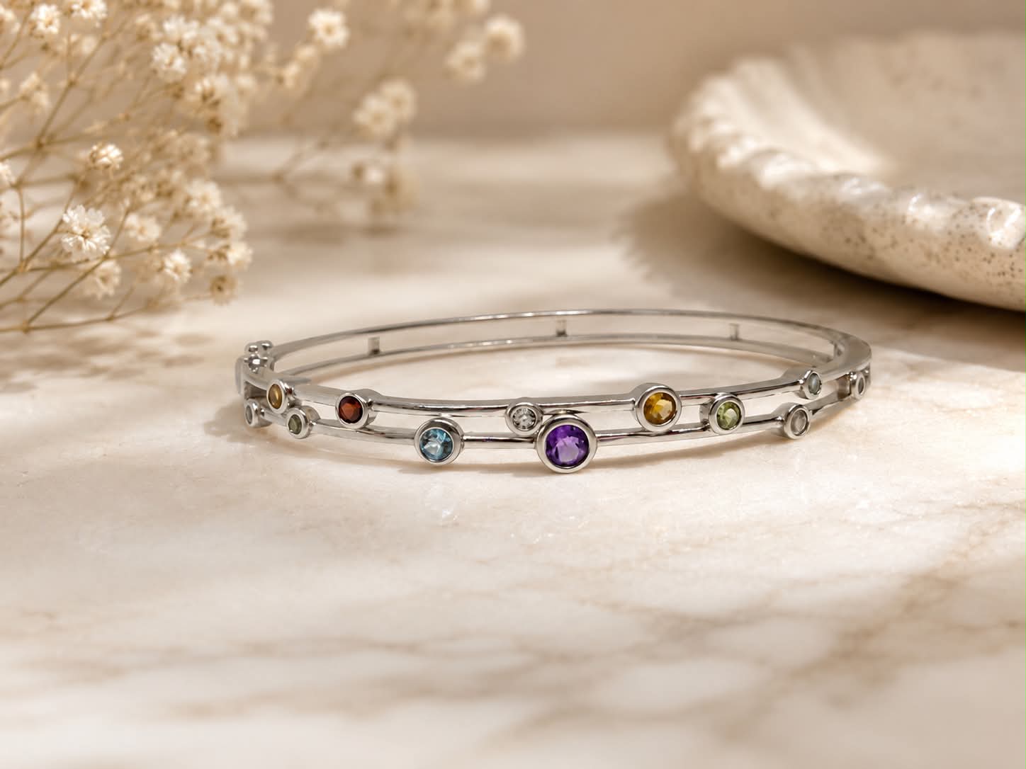 Amore Sterling Silver Multi-Gemstone Bangle Bracelet